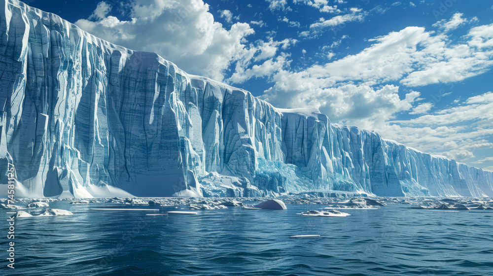 Majestic glacier and ocean level under blue sky with white clouds Majestic glacier and ocean level under blue sky with white clouds