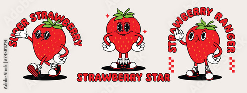Strawberry retro mascot with hand and foot. Fruit Retro cartoon stickers with funny comic characters and gloved hands.