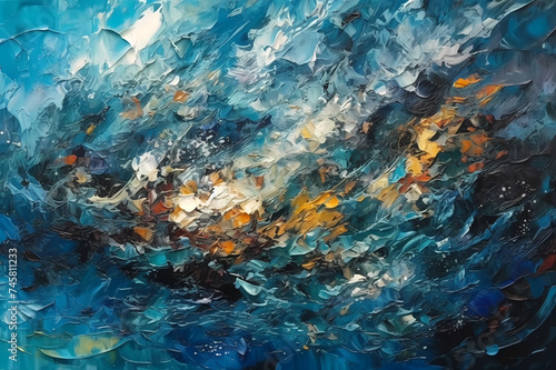 Abstract rough painting texture with oil brushstrokes in blue ocean colors. Pallet knife paint on canvas. Art concept background