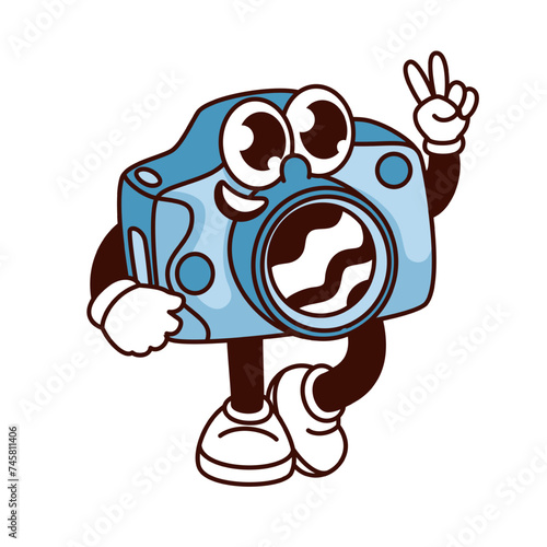 Groovy camera cartoon character with peace sign. Funny retro camera with psychedelic wavy reflection in lens and hippie gesture, photography mascot, cartoon sticker of 70s 80s vector illustration