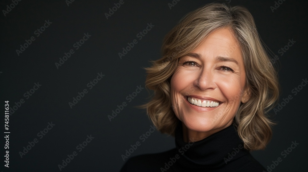 A captivating close-up portrays an attractive middle-aged businesswoman with a radiant toothy smile. A captivating close-up portrays an attractive middle-aged businesswoman with a radiant toothy smile.