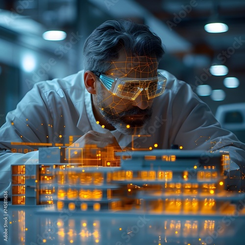 Engineer analyzes building structure protected by holographic technology, future technology, holograms, photography, Generative AI