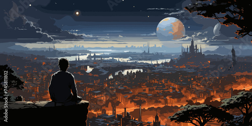 aerial view with the man sitting on edge of building looking at futuristic city,illustration painting
