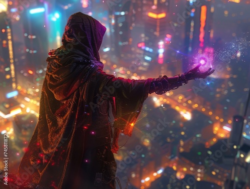 Magic in a futuristic city where sorcerers wield digital spells and neon runes blending old and new