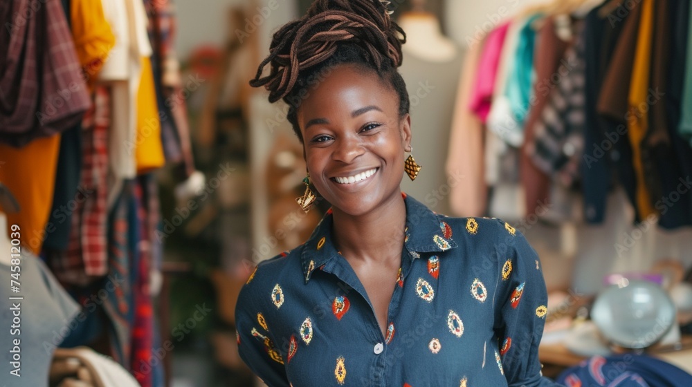 A captivating portrait unfolds in the fashion industry, featuring a black woman who is not only a skilled clothing tailor but also a visionary designer with a strong business acumen. 