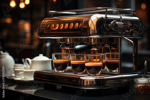 The new shiny coffee machine is ready to start making coffee., generative IA