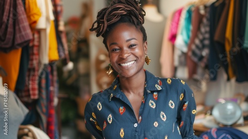 A captivating portrait unfolds in the fashion industry, featuring a black woman who is not only a skilled clothing tailor but also a visionary designer with a strong business acumen. 