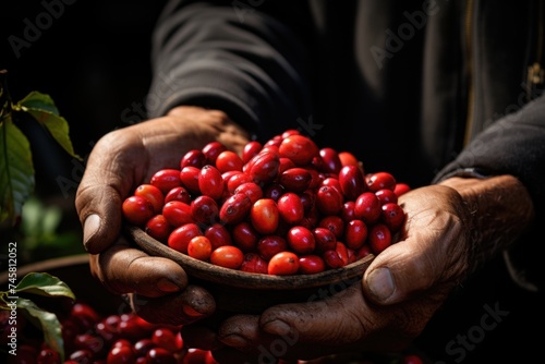 Arabica coffee berries with hands as a robust and arabica coffee berries, generative IA photo