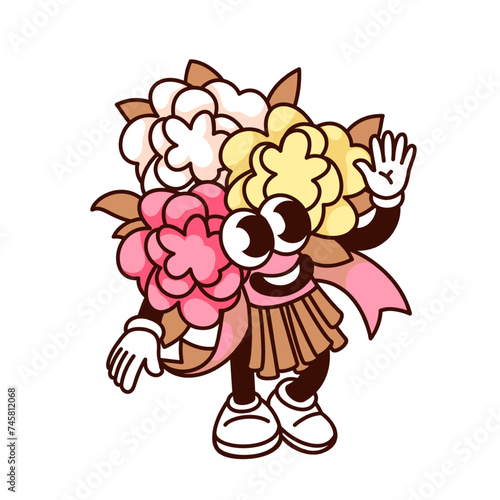 Groovy bridal bouquet cartoon character greeting with hand up. Funny retro flowers bunch with ribbon waving, wedding and marriage mascot, cartoon bouquet sticker of 70s 80s style vector illustration