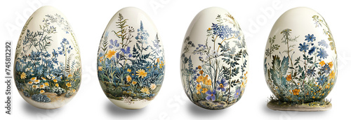 Ceramic Easter eggs, spring botanical flowers pattern Easter eggs, white or transparent background
