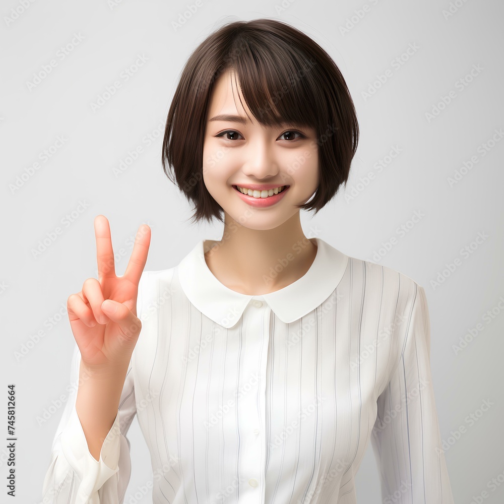 10代のピースをして笑顔の美しい女性 10代のピースをして笑顔の美しい女性