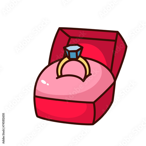 Groovy cartoon gold ring with diamond in box. Funny retro open case with jewelry on pillow, wedding and love engagement mascot, cartoon marriage ring sticker of 70s 80s style vector illustration