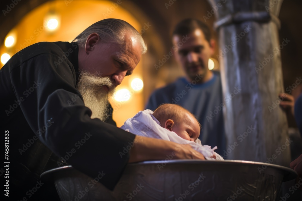 
Orthodox male priest baptizing a newborn baby in a traditional font of holy water - obrazy, fototapety, plakaty 