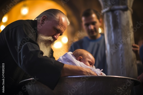 
Orthodox male priest baptizing a newborn baby in a traditional font of holy water photo