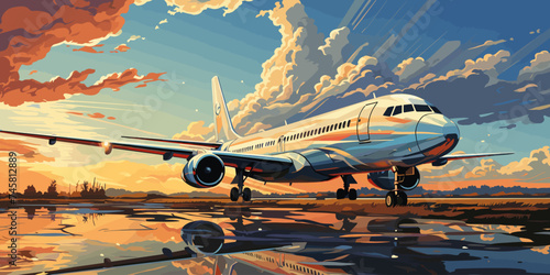 airplanes on the runway with bright sky and good weather vector flat bright color