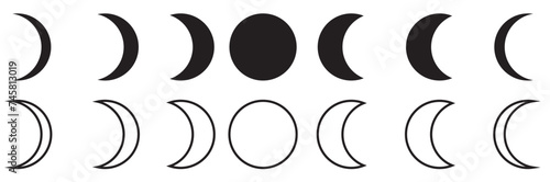 Moon phases astronomy icon silhouette symbol set. Full moon and crescent sign logo. Vector illustration. Isolated on white background.