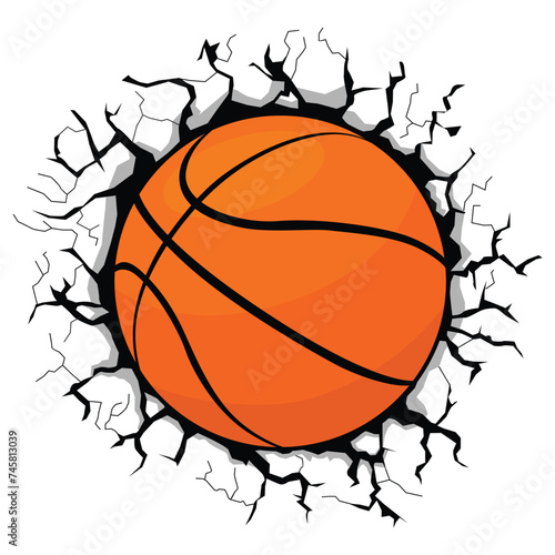 Basketball ball breaking the wall. Vector sporting template on transparent background