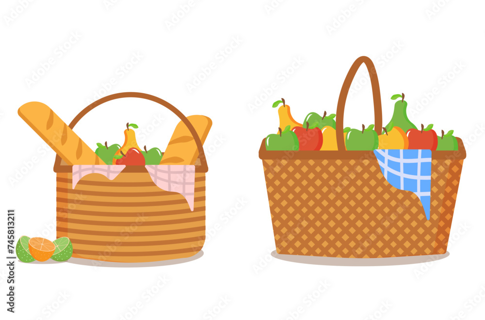 Picnic basket full of food on a white background. Picnic basket is full of delicious fruits and bread for al fresco dining. Picnic Design Concept. Vector illustration Picnic basket full of food on a white background. Picnic basket is full of delicious fruits and bread for al fresco dining. Picnic Design Concept. Vector illustration