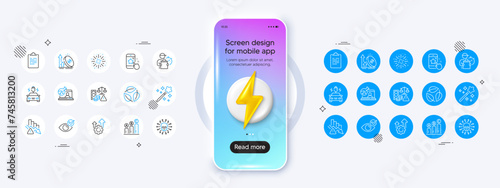 Excise duty, Seo gear and Clipboard line icons. For web app, printing. Phone mockup with 3d energy icon. Vector
