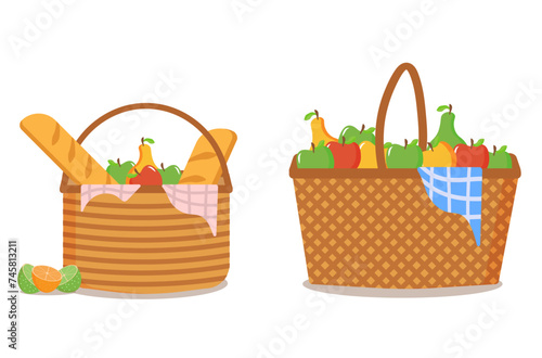 Picnic basket full of food on a white background. Picnic basket is full of delicious fruits and bread for al fresco dining. Picnic Design Concept. Vector illustration