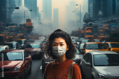  Portrait of a chineese woman wearing a face mask with a backdrop of heavy traffic and visible car emissions