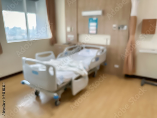 Blur image of Hospital bed in a luxurious and modern patient room. The atmosphere is clear and you can see the surrounding view