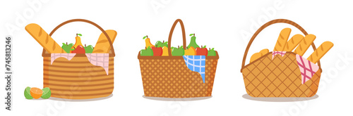 Picnic basket full of food on a white background. Picnic basket is full of delicious fruits and bread for al fresco dining. Picnic Design Concept. Vector illustration