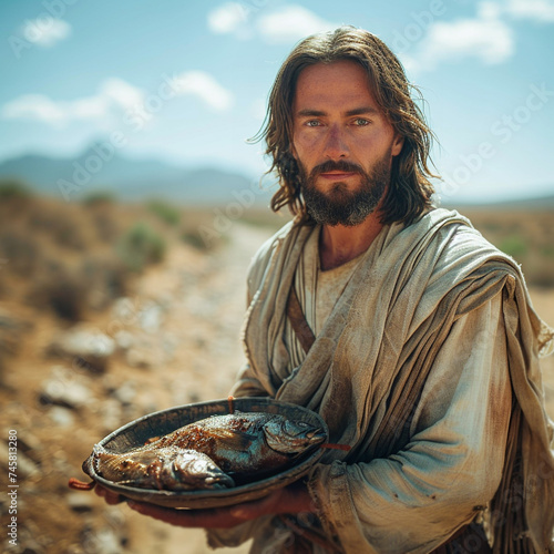 Jesus Christ and fish. Christian illustration of the gospel miracle of feeding people with fish and bread. For church religious publications