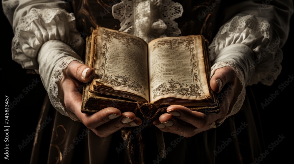 Girl in white gloves holding an ancient book. Closeup hands of a princess in white gloves holding an ancient text. Female hands holding an old grimoire. Hands holding sacred text.