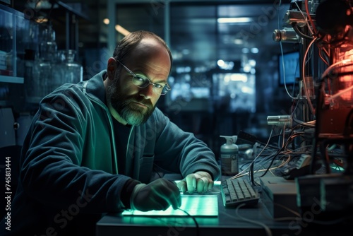 
Portrait photograph of a male geneticist in his late 40s, conducting DNA sequencing in a genetics lab, surrounded by lab equipment