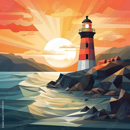 a painting of a lighthouse on a rocky shore