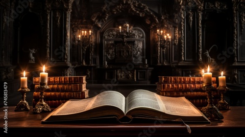 Old book laying on a library table. Big ancient book on a table with candle lights. Old church library with candle lights. Open bible laying on the table.