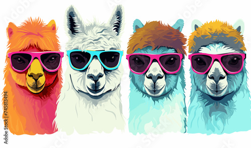 Alpacas wearing sunglasses on a white background, colorful clipart vector illustration