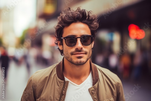 Portrait of a handsome young man with trendy hairstyle and sunglasses