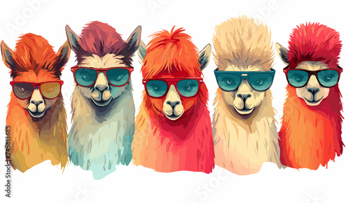 Alpacas wearing sunglasses on a white background, colorful clipart vector illustration