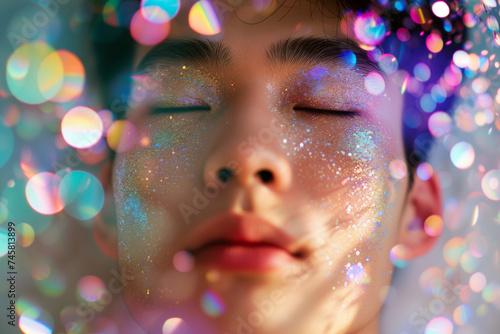 Exited asian gay man with sparkling glitter make-up on the sparkling blue and pink background