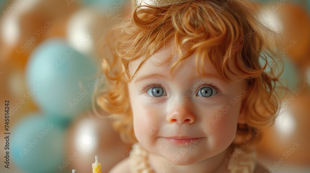 baby celebrating a birthday, wearing a party hat, surrounded by balloons and a birthday cake with one candle baby celebrating a birthday, wearing a party hat, surrounded by balloons and a birthday cake with one candle