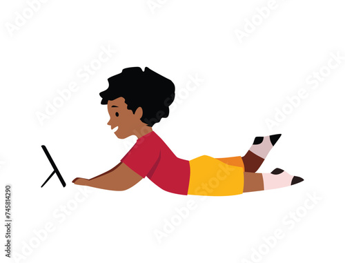 Cute child lying on belly and looking at the smartphone or tablet, vector little boy using gadgets, kid online education
