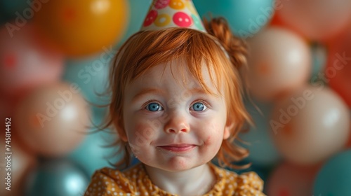 baby celebrating a birthday  wearing a party hat  surrounded by balloons and a birthday cake with one candle
