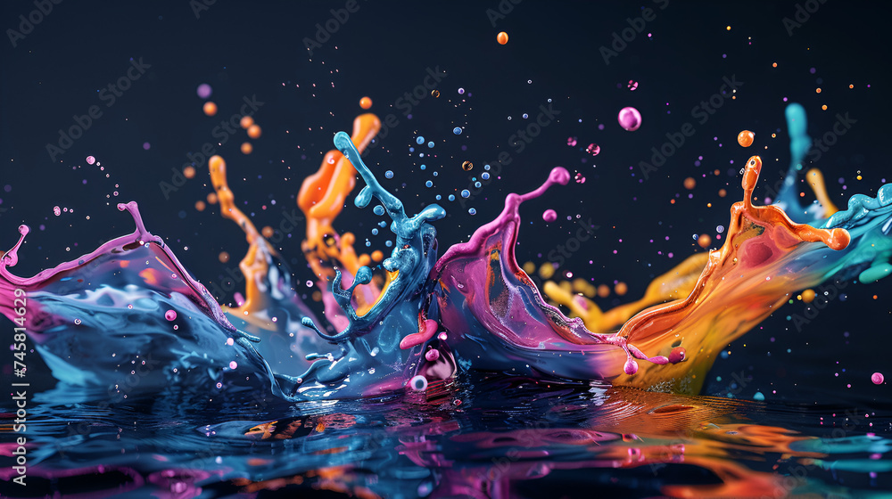 Water splashes in various hues over a dark background, Splash of paint. Abstract background. Digital Art, colored floating liquid in the trend colors pink, orange, blue and violet. 3d - obrazy, fototapety, plakaty 