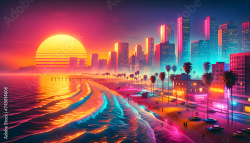 a stylized 3D art image of Vice City in the year 1984, showcasing the beachside drenched in the sunset hues. The scene should capture the vibrant, neon-infused aesthetic of the 1980s