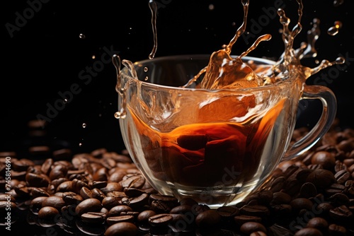 Coffee grains falling in the tow and cup of coffee in the dark background, generative IA