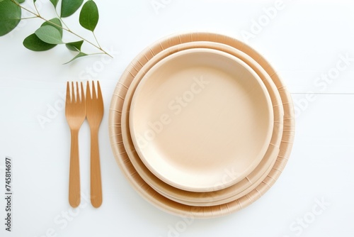 Wooden cutlery set with eco-friendly plates and green leaves on a white surface. Eco-Friendly Tableware and Green Leaves © Оксана Олейник