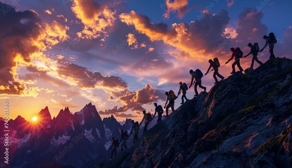 In the tranquil embrace of a mountain sunset, a group of adventurers forms a human chain, their interconnected hands a symbol of solidarity and shared purpose. Against the backdrop of towering peaks