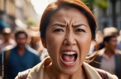 activist protests against rights violation. young angry asian female protester screaming on street.