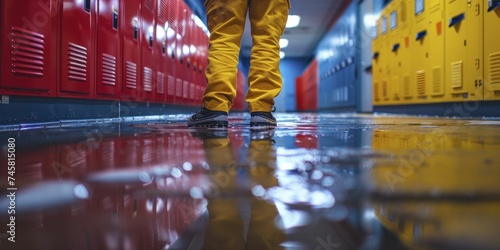 A janitor cleaning around the lockers, the unsung hero maintaining order and cleanliness, ensuring a welcoming environment for all.