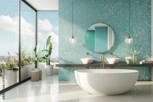 bathroom interior design of blue and green. Bathtub  towels and other personal bathroom accessories. Modern interior