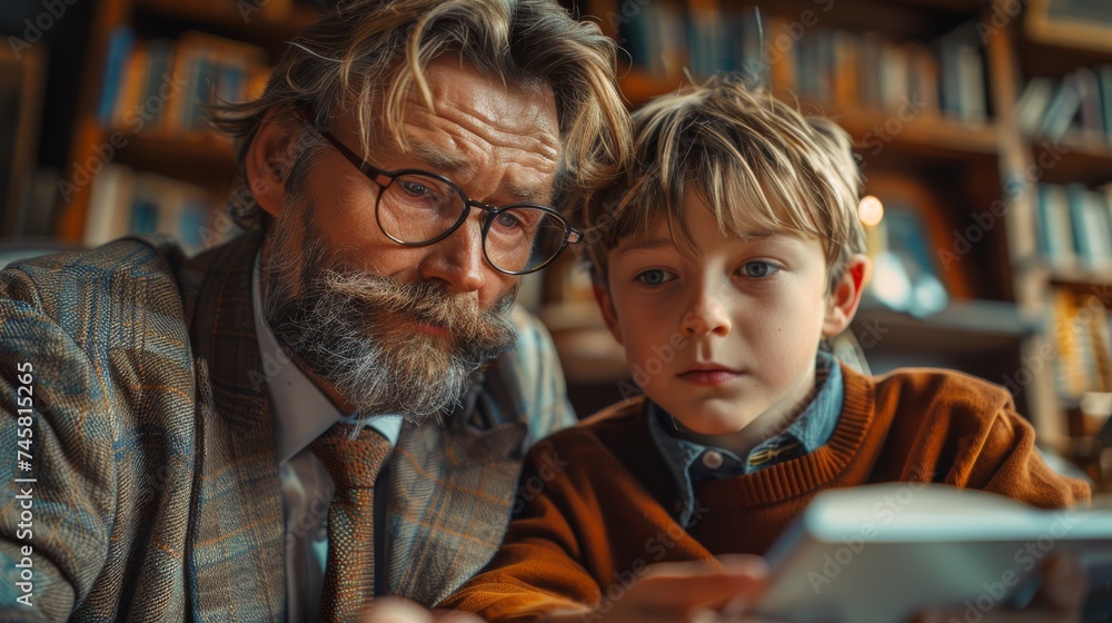 teacher and schoolboy using tablet in class