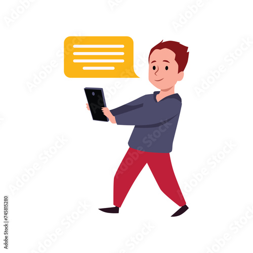 Vector illustration of a boy with a phone, absorbed in reading a message or information.