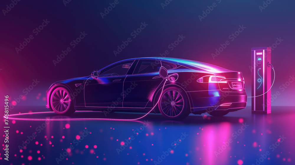 Power supply connected to electric vehicle charge battery, neon style illustration.
